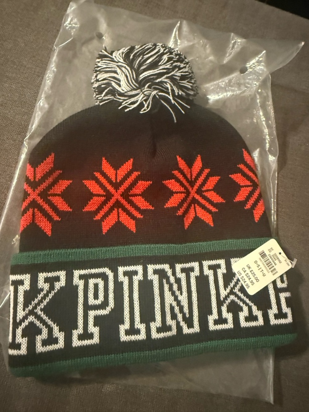 PINK Victoria's Secret Knit Pom Pom Beanie Hat - Black with Red Snowflake